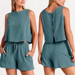 NWT New Linen Two Piece Solid Set Top Shorts Tie Waist Adjustable Green Teal